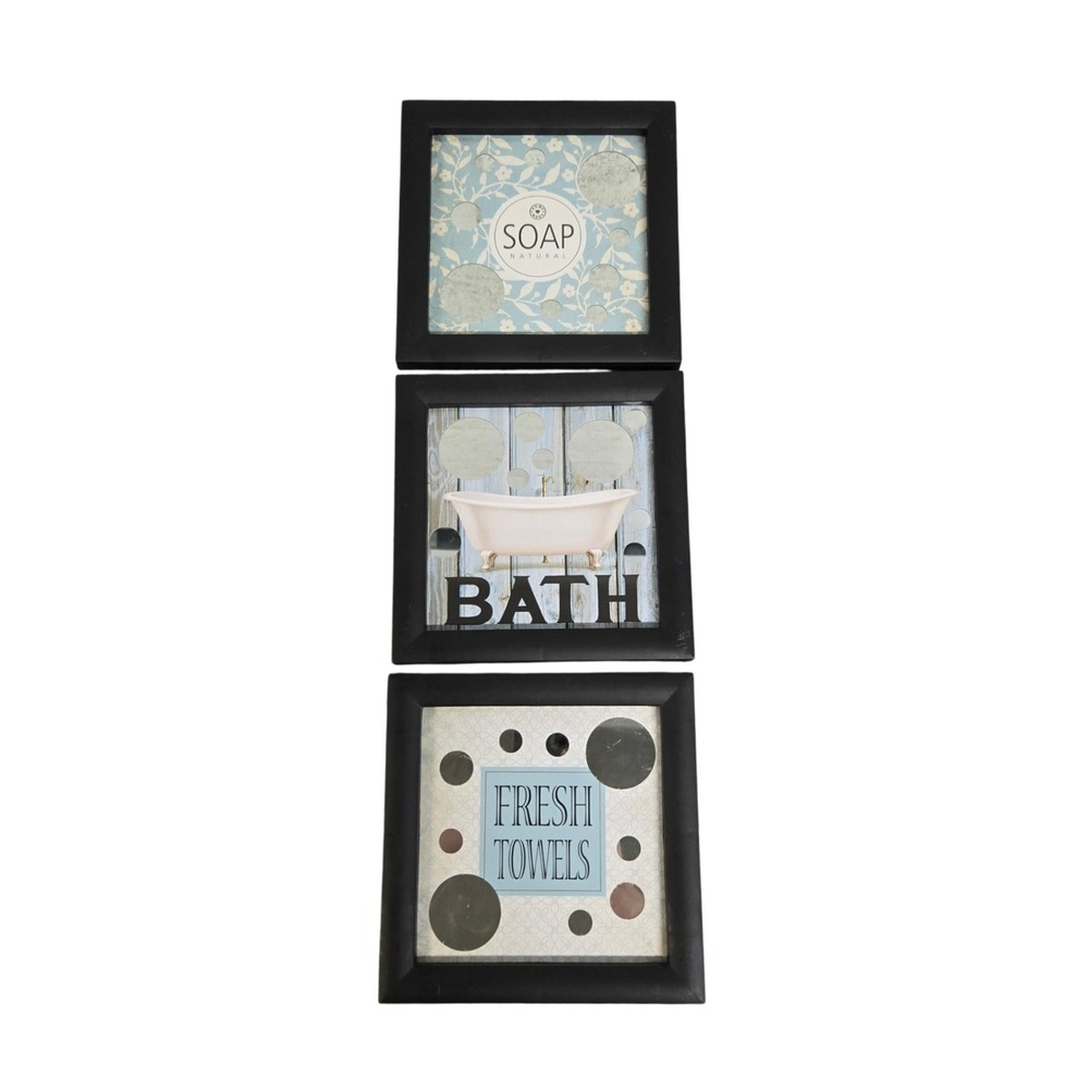 Set of 3 Bathroom Wall Art Framed Mirror Bubble Soap Bath Fresh Towels 8x8 Black